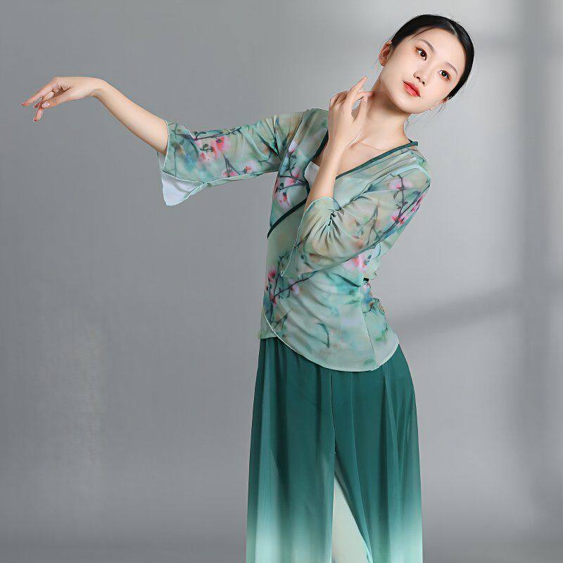 古典舞服装女飘逸舞蹈服渐变桃花色身韵练功服现代舞纱衣演出服装