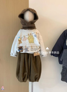韩国童装2026秋冬新品卡通立体小熊印花卫衣加绒休闲卫裤男女童爆