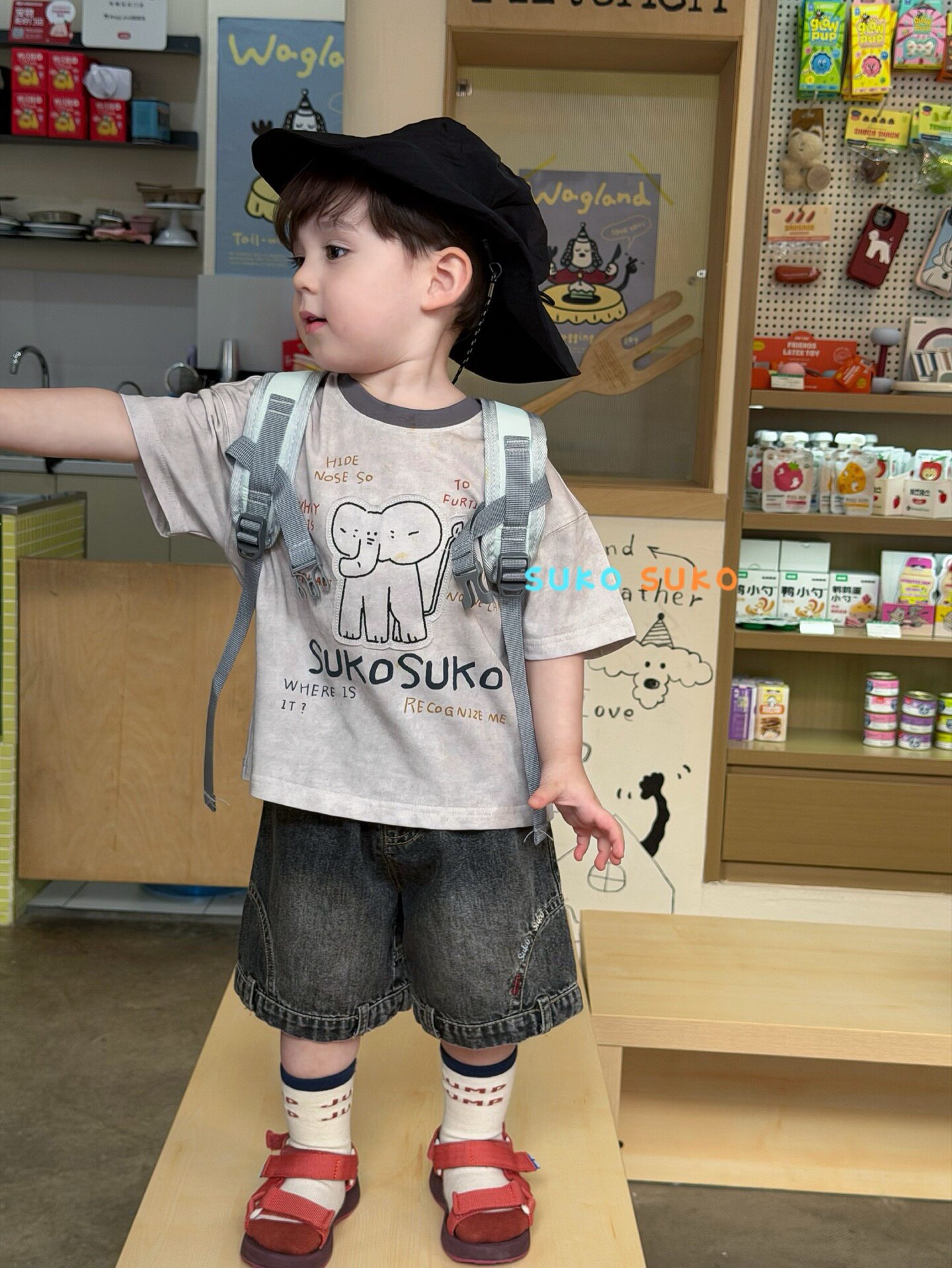 小南瓜KIDS韩国童装2026夏季男女童小象卡通T恤休闲韩系牛仔短裤