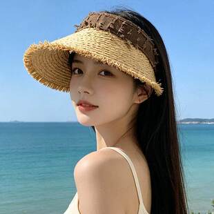 夏季新款草编空顶帽子女大帽檐显脸小可折叠沙滩海边遮阳防晒帽潮