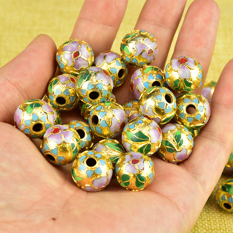 70年代北京景泰蓝老货大孔径金地珠子纯手工铜胎掐丝珐琅项链坠子