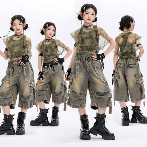 女童复古爵士舞军绿色服走秀潮服