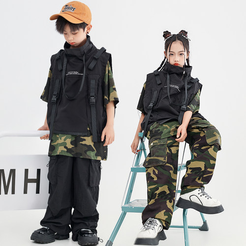 街舞儿童酷帅炸街迷彩套装帅气嘻哈马甲男女童hiphop舞蹈表演出服