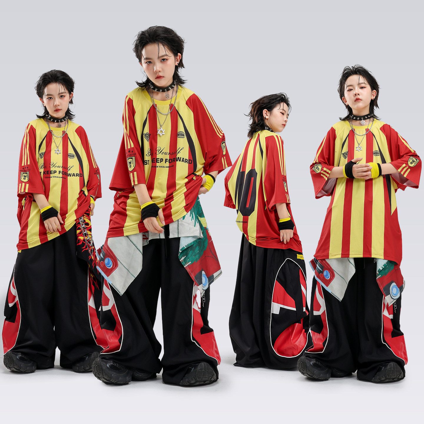 嘻哈风红黄条纹速干T男童演出服图片