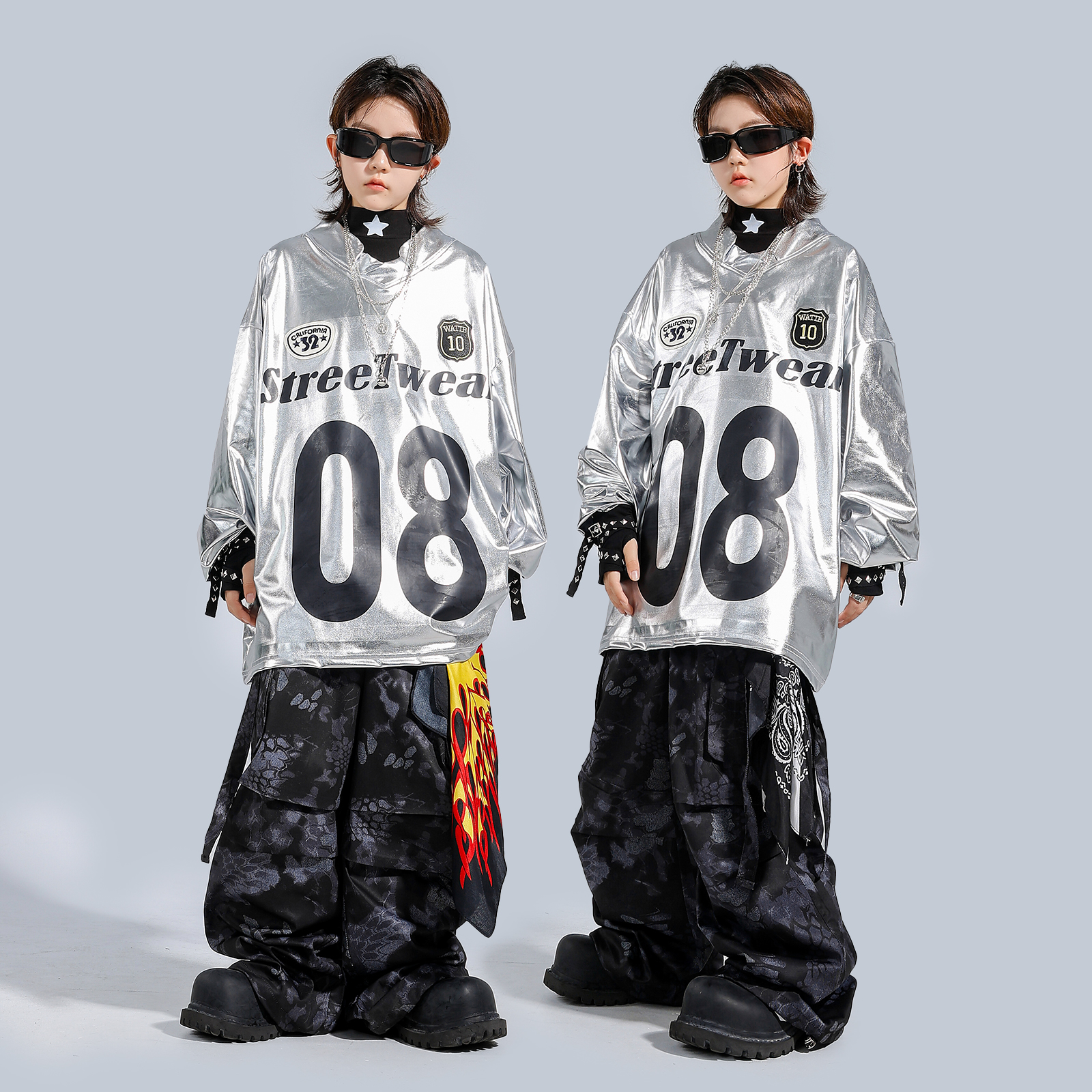 男女童HIPHOP潮服酷帅银色表演服