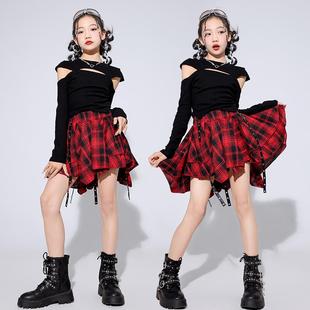 西部风少儿爵士舞跨年表演潮服套装踢踏舞女童舞蹈服格子裙演出服
