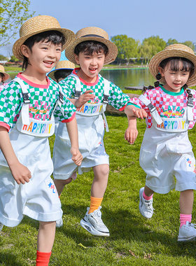 六一儿童节幼儿园表演服装男女童毕业照格子T恤背带裤集体团服潮