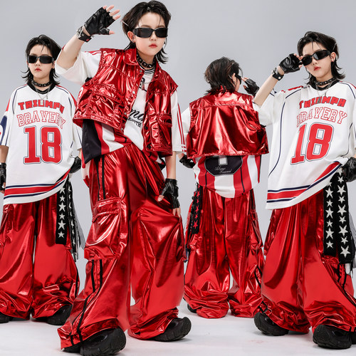 男女童红色套装炸街hiphop表演服