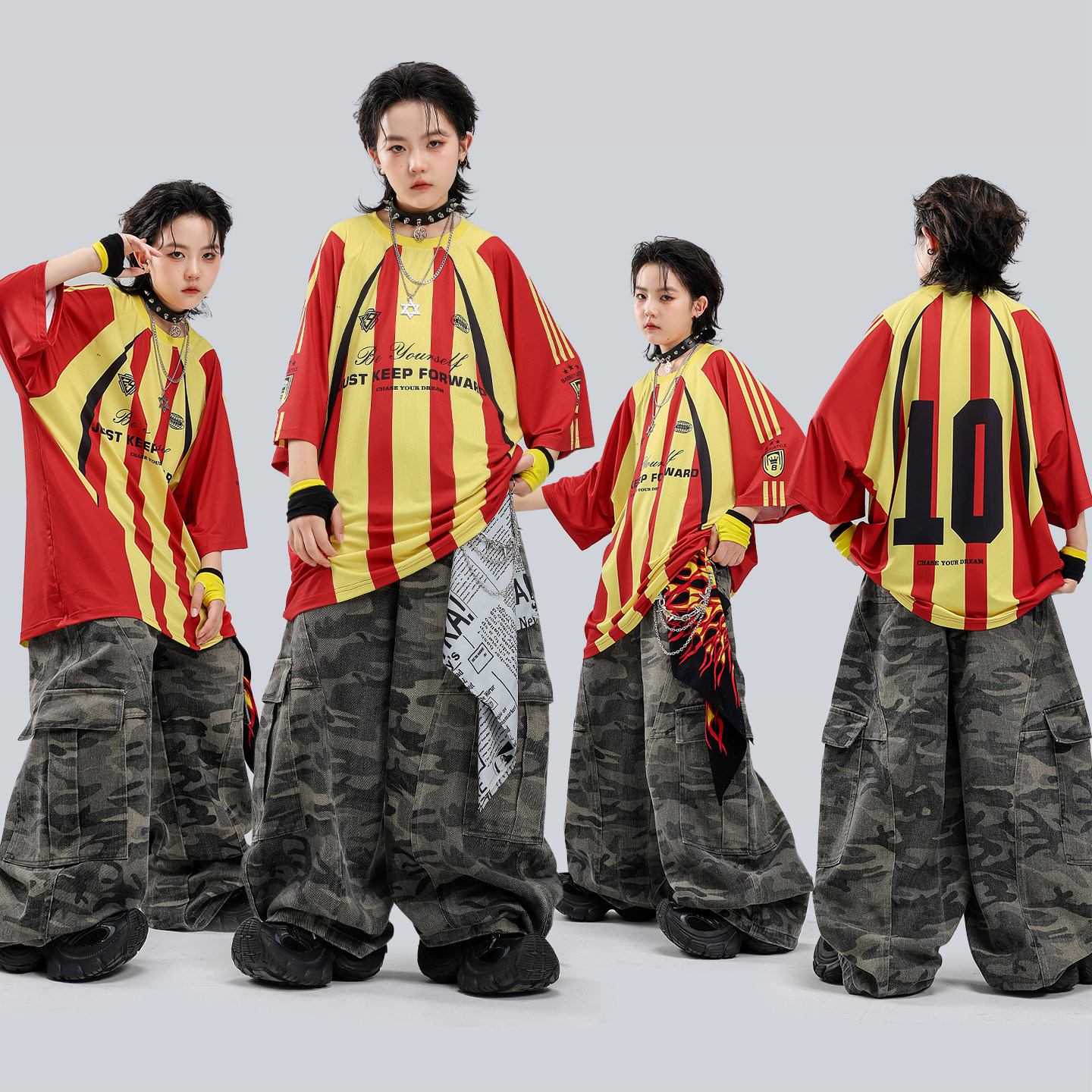 美式条纹嘻哈风炸街表演服套装图片