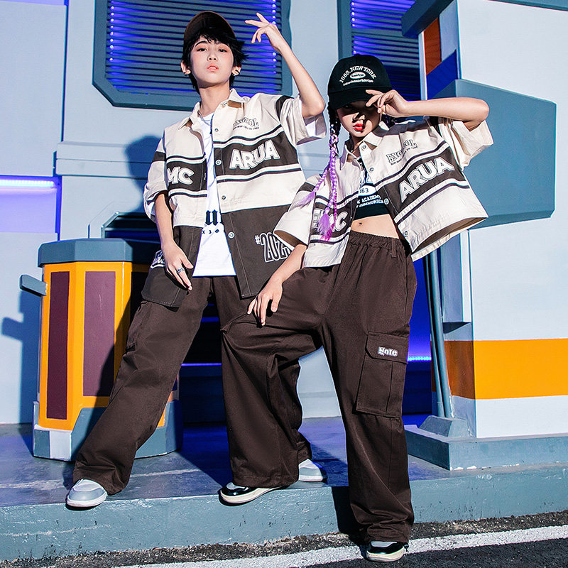六一儿童街舞潮服机车风衬衫夏季hiphop嘻哈男女童套装齐舞演出服