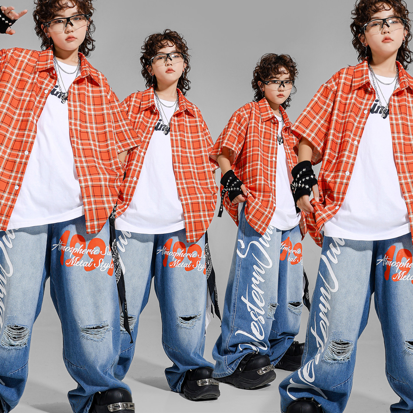 儿童街舞格子衬衫hiphop演出服