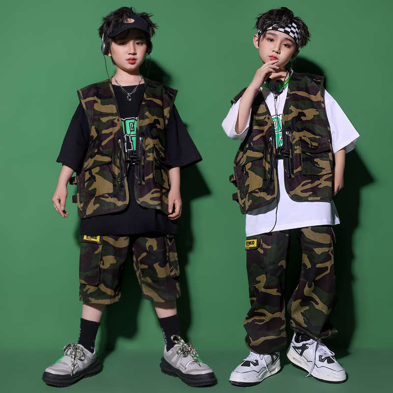 2023夏季儿童嘻哈街舞演出服男女童HIPPOP汇演迷彩机车风街舞服潮