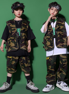 2023夏季儿童嘻哈街舞演出服男女童HIPPOP汇演迷彩机车风街舞服潮