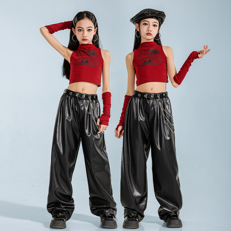 港风无袖红背心女童JAZZ演出服装