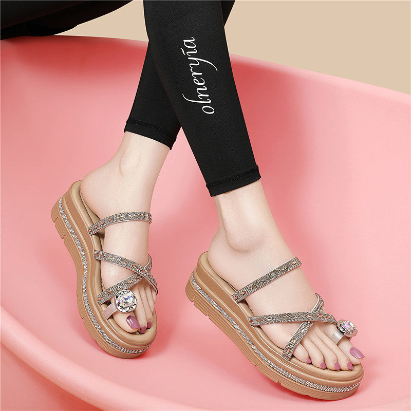 真皮平底凉鞋女款2026夏季半拖坡跟水钻厚底外穿两穿不累脚凉拖鞋