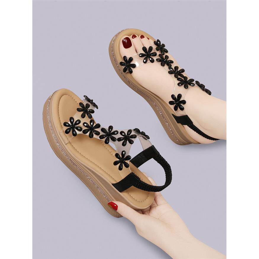 厚底坡跟凉鞋女款2026新款夏季软底百搭仙女风配裙子花朵罗马鞋