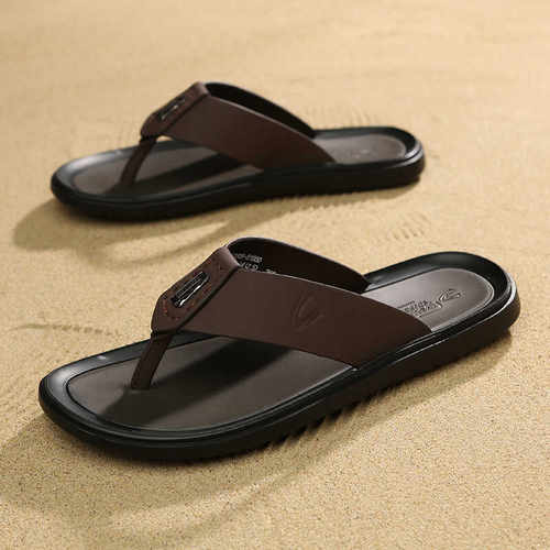 德国骆驼动感人字拖鞋男夏季新款沙滩鞋防滑外穿真皮凉鞋男士拖鞋