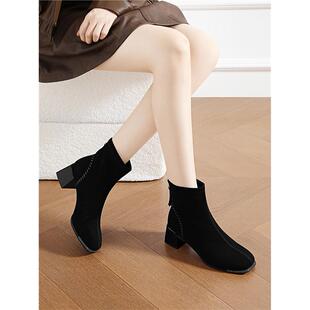 2025年秋冬季新款法式黑色粗跟短靴女绒面瘦瘦靴方头高跟切尔西靴