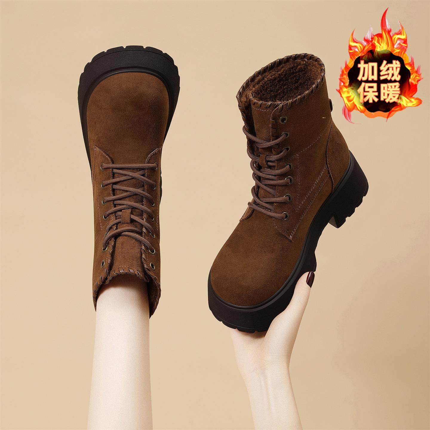 马丁靴女加绒真皮粗跟单