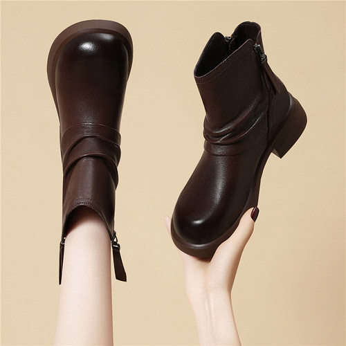 真皮软底短靴女双拉链马
