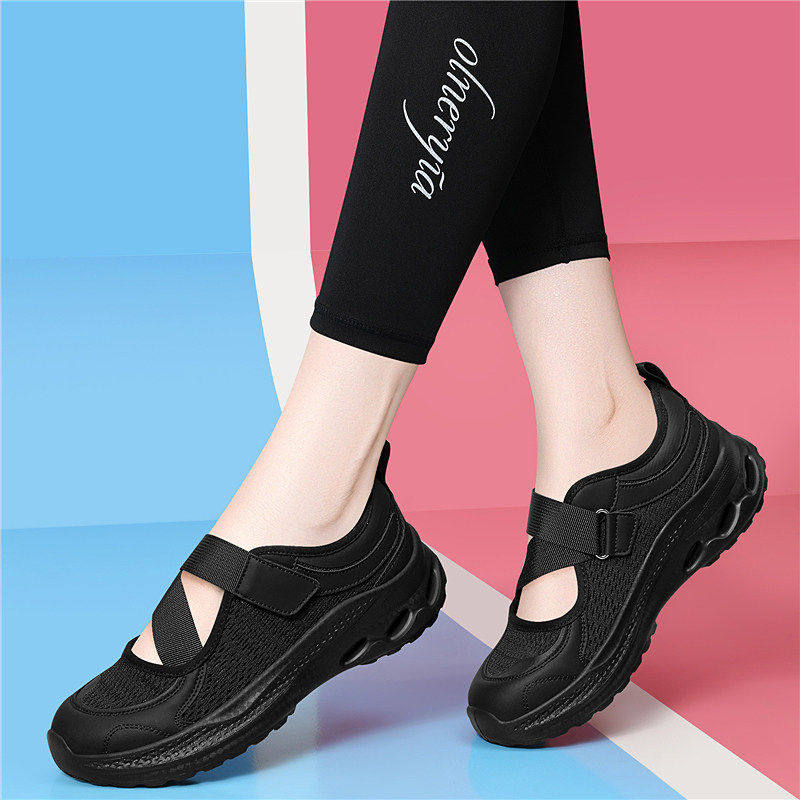 黑色休闲鞋子女款2026新款夏季网面透气网鞋薄款软底魔术贴运动鞋