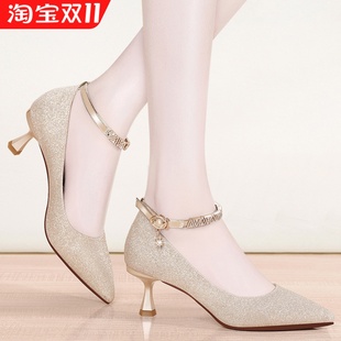 配旗袍的高跟鞋软皮鞋子百搭中跟春秋款浅口单鞋女夏细跟尖头5cm