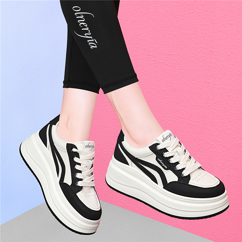 真皮小白鞋厚底板鞋女黑白熊猫鞋2025新款秋季增高百搭运动休闲鞋
