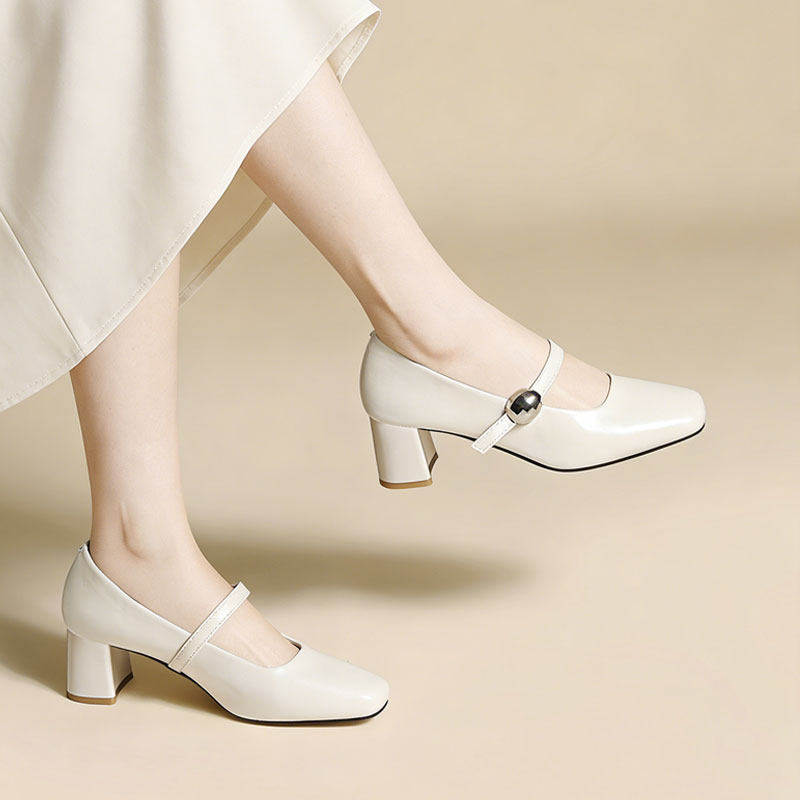 白色玛丽珍鞋高跟鞋女鞋2026新款粗跟方头女士皮鞋配裙子浅口单鞋