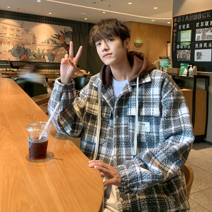 日系复古黑白格子毛呢外套男款秋冬季假两件连帽可拆卸衬衫式夹克