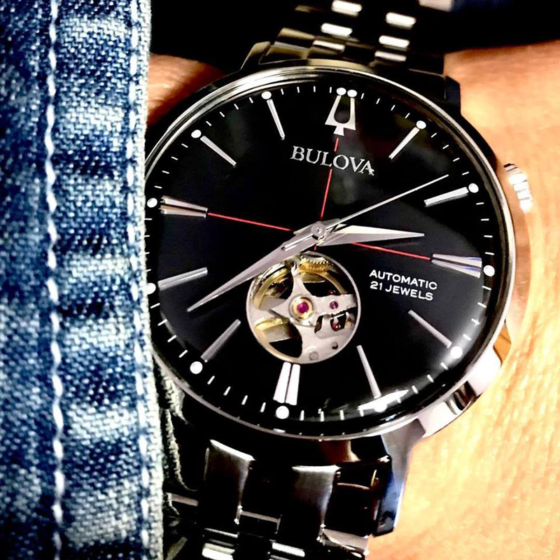 代购正品bulova宝路华男表黑色表盘钢带镂空自动机械手表96a199