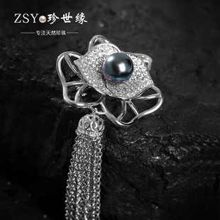 允熙 香港珍世缘 大溪地近圆黑珍珠胸针高档复古珍珠胸花别针