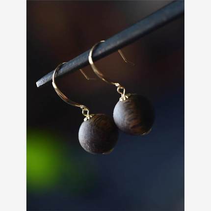 天然油线饱满九分沉奇楠芽庄沉香耳环新中式925银镀18K金耳饰耳坠