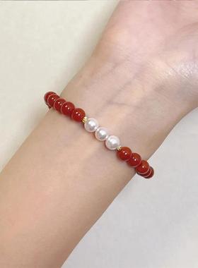 天然红玛瑙珍珠手链女转