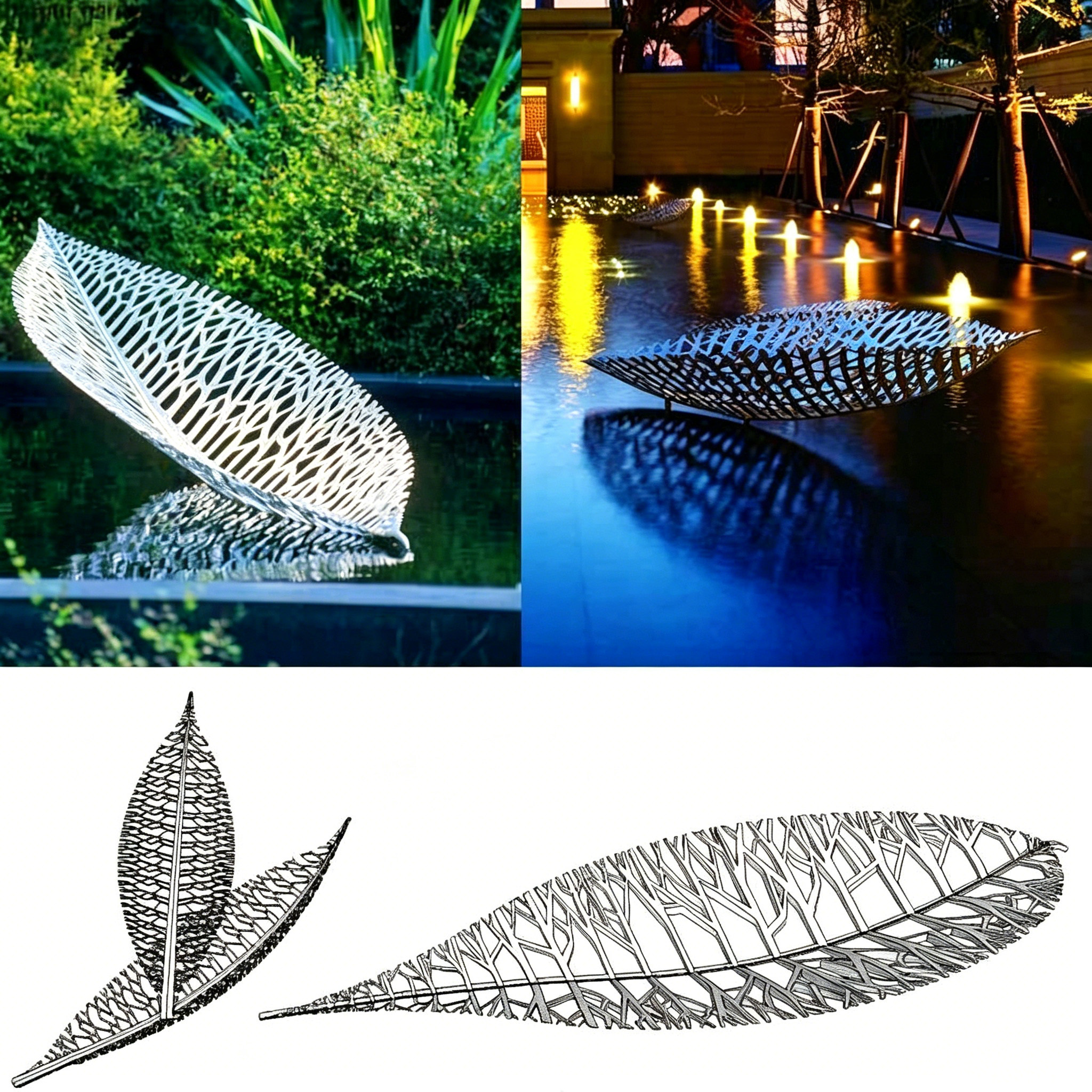 不锈钢镂空镜面叶子雕塑户外水景户外/庭院摆件
