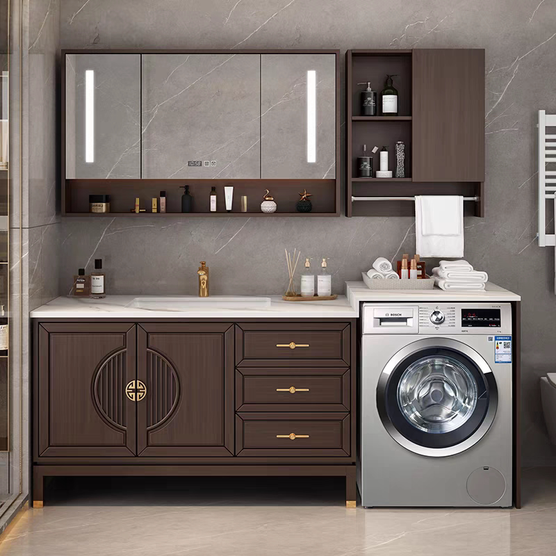 新中式实木浴室柜组合落地洗衣机款卫生间岩板陶瓷一体盆洗脸盆柜