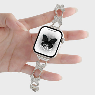 表带女手链 宣人蝴蝶镶钻表带适用苹果手表表带applewatch表带iwatchs10 7se2代金属细款