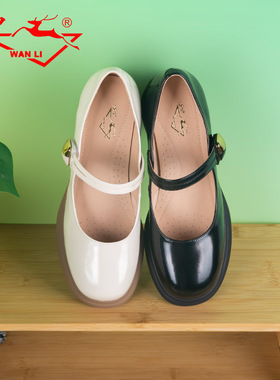 万里新款真皮时尚玛丽珍鞋舒适魔术贴单鞋百搭圆头粗跟鞋HLT2126