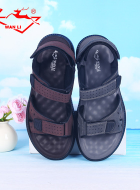 万里夏季新款复古沙滩鞋时尚魔术贴真皮男鞋舒适外穿凉鞋HHT3127