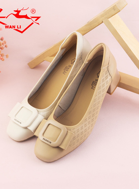 万里新款真皮女鞋百搭粗跟一脚蹬单鞋时尚方扣通勤工作鞋SMT2789