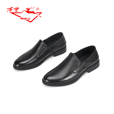 万里新款商务休闲鞋舒适一脚蹬男单鞋百搭粗跟真皮通勤鞋BHT1192