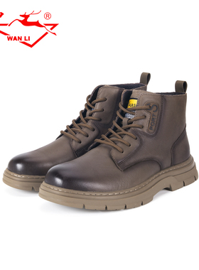 万里时尚男鞋真皮马丁靴侧拉链加绒保暖厚底系带休闲鞋HET5242