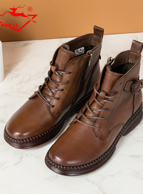 万里新款加绒女棉鞋复古时装靴真皮侧拉链马丁靴圆头短靴LRT6671S