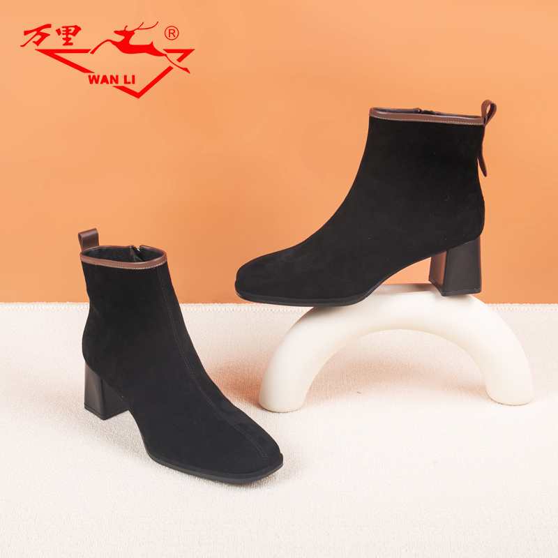 万里简约时尚短靴粗跟真皮