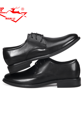万里新款商务休闲鞋真皮系带正装低跟男鞋百搭粗跟单鞋BET1196