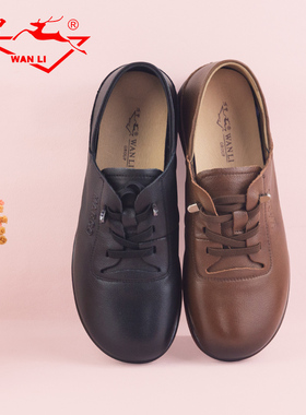 万里新款真皮复古休闲女鞋舒适低帮软底免系带单鞋HYT2918