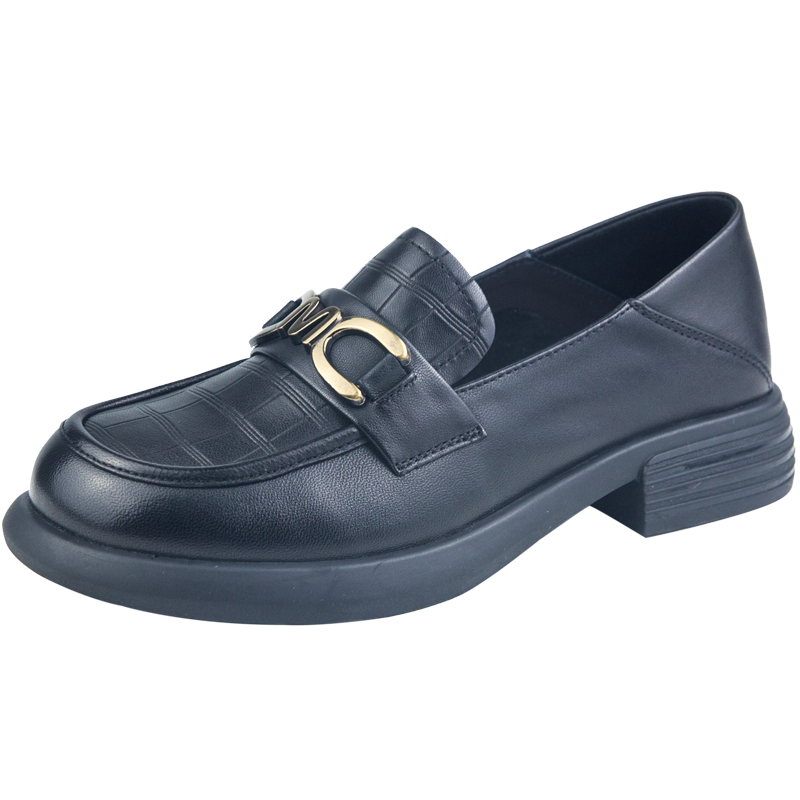 万里新款乐福鞋舒适粗跟百搭圆头单鞋英伦风轻奢真皮女鞋HVT2922