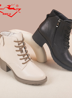 万里新款马丁靴简约真皮粗跟棉靴短筒系带侧拉链女士单靴HMT651