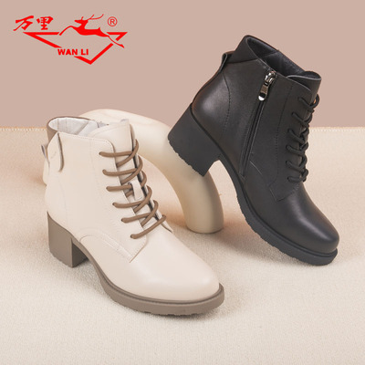 万里马丁靴绒里真皮粗跟女靴