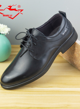 万里新款真皮商务正装男鞋百搭低跟休闲鞋圆头系带结婚鞋SZT182