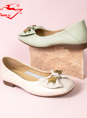 万里新款真皮女鞋舒适低跟浅口鞋时尚蝴蝶结圆头单鞋KHT2516